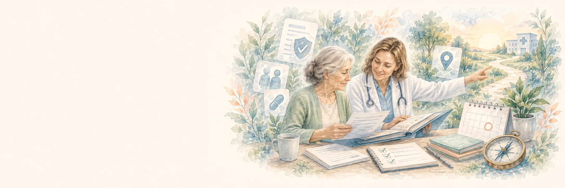 Patientin und Arzt ordnen gemeinsam Unterlagen, Fragen und nächste Schritte.