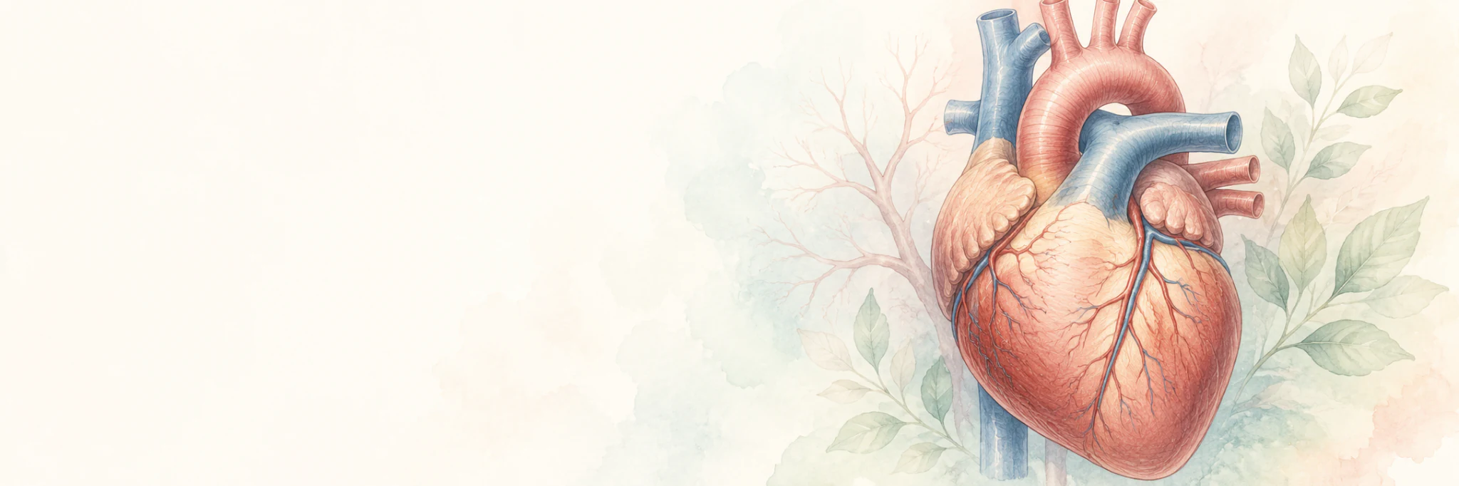 Anatomisches Herz in ruhiger Aquarelloptik mit dezenten botanischen Elementen.
