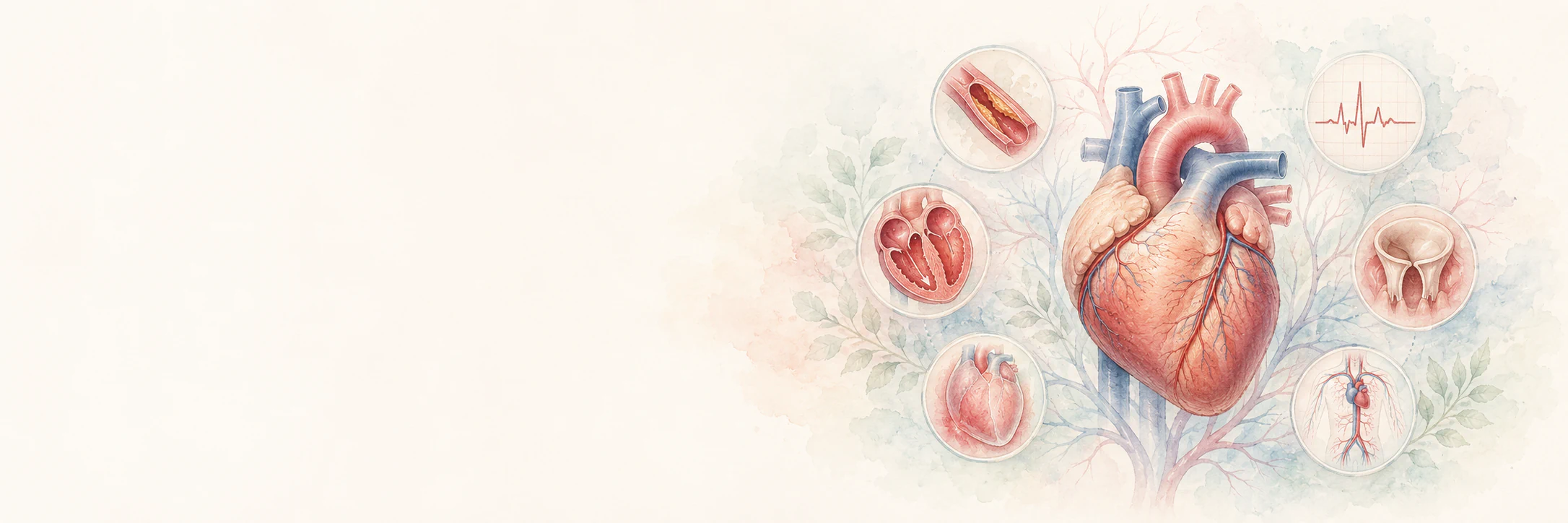 Anatomisches Herz mit Symbolen für verschiedene Behandlungsverfahren.