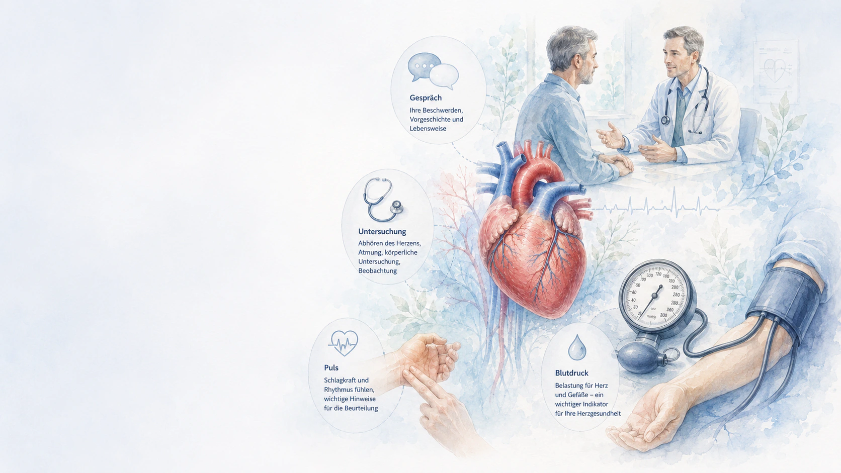 Ärztliches Gespräch mit Herz, Stethoskop, Pulstasten und Blutdruckmessung als Elemente der Basisdiagnostik.