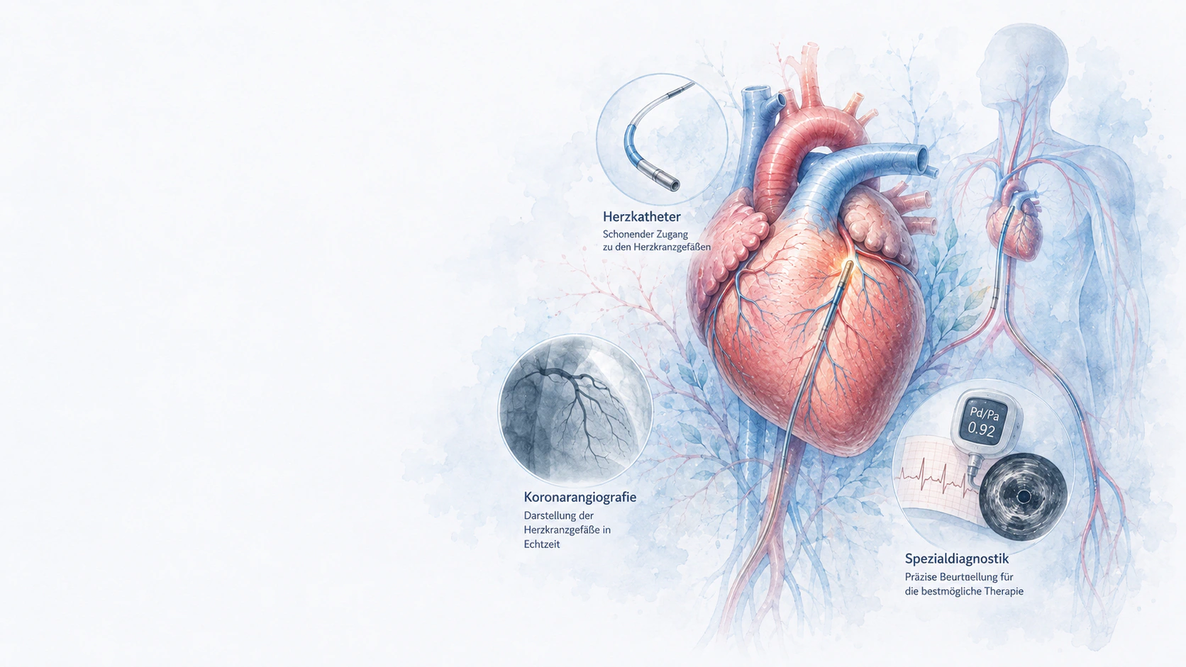 Herz mit Katheterdarstellung, Koronarangiografie und Symbolen für Spezialdiagnostik.