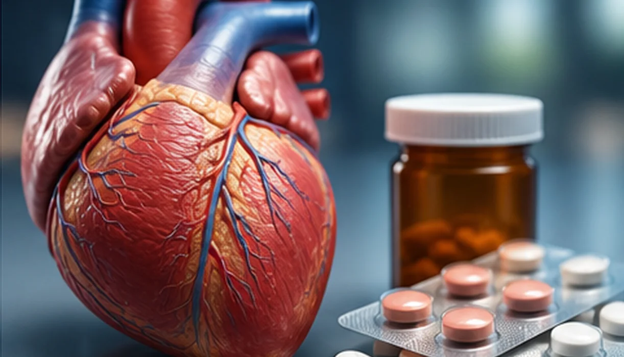 Anatomisches Herz neben Tabletten, Blister und einer neutralen Medikamentenflasche.