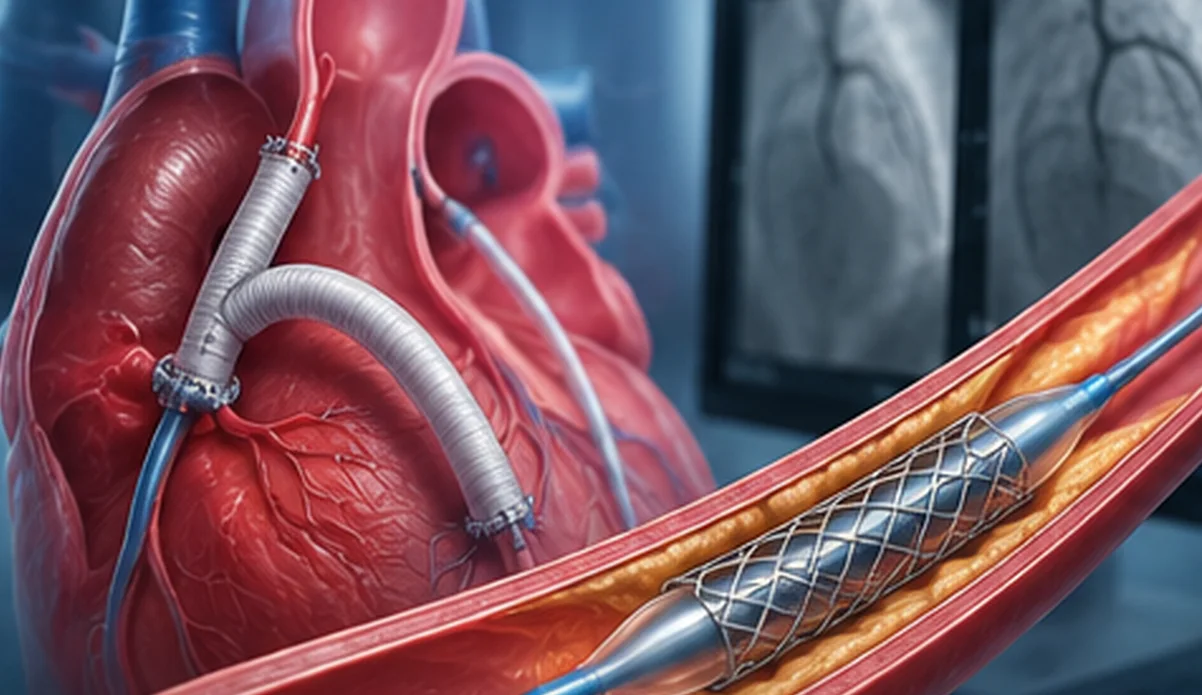Herz und Gefäßdarstellung mit Herzkatheter und eingesetztem Stent als Symbol für interventionelle Behandlung.