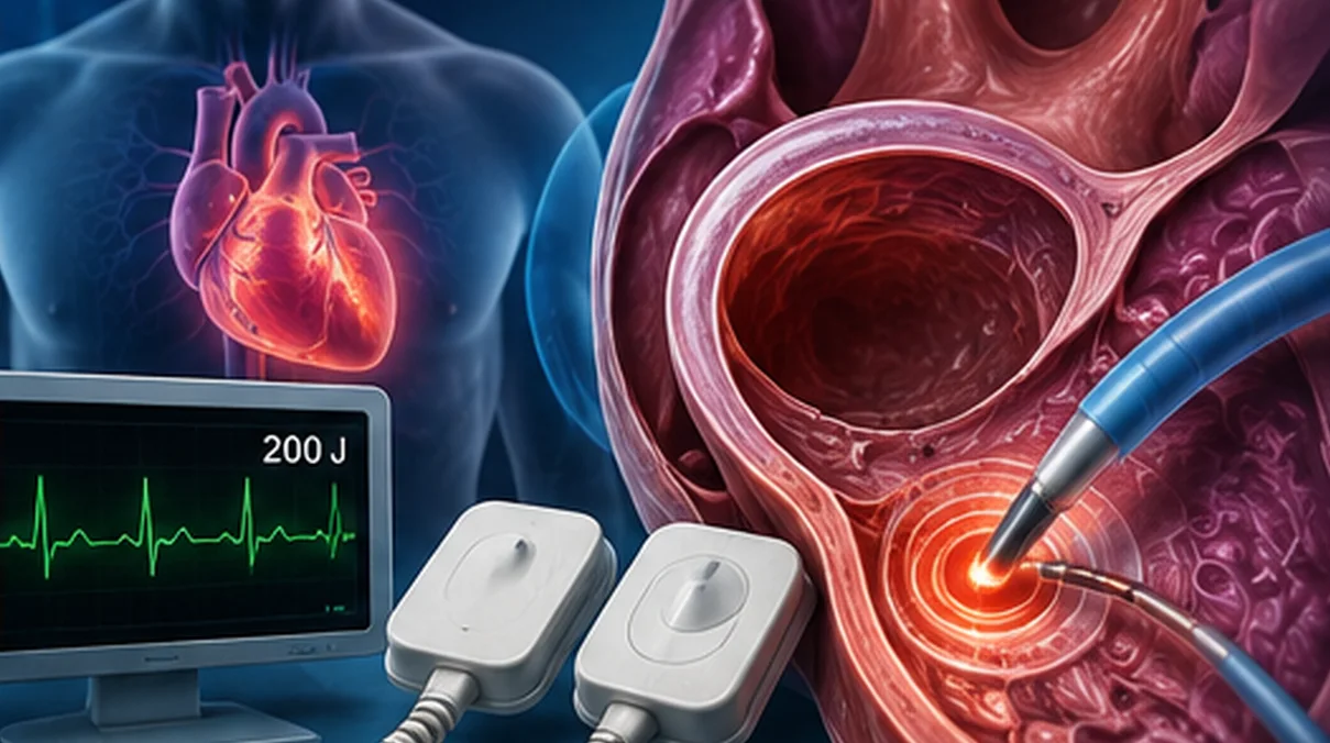 Darstellung von elektrischer Kardioversion und Katheterablation bei Herzrhythmusstörungen.