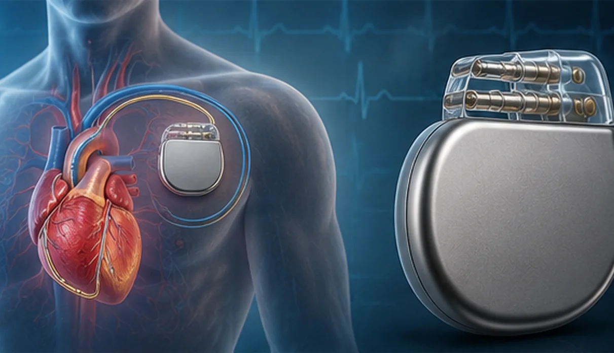 Oberkörper mit implantiertem Herzgerät und daneben ein vergrößertes Schrittmacher- oder Defibrillatorgerät.