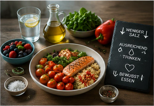 Herzgerechte Mahlzeit mit Gemüse, Fisch, Getränk und Tafelhinweisen zu Salz, Trinken und bewusstem Essen.