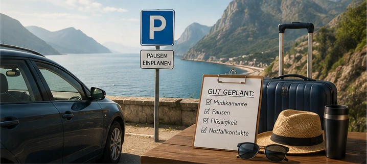 Auto, Reisegepäck und Checkliste als Illustration für Reisen, Autofahren und gute Vorbereitung.