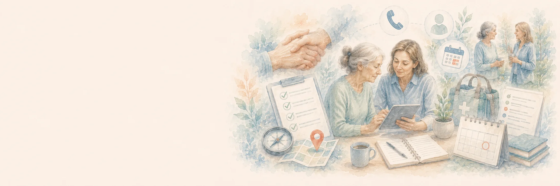 Ältere Patientin und Helferin mit Tablet, umgeben von Symbolen für Kontakte, Termine und praktische Unterstützung.