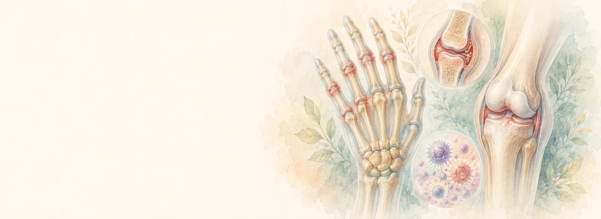 Anatomische Darstellungen rheumatischer Veränderungen an Hand- und Kniegelenken.
