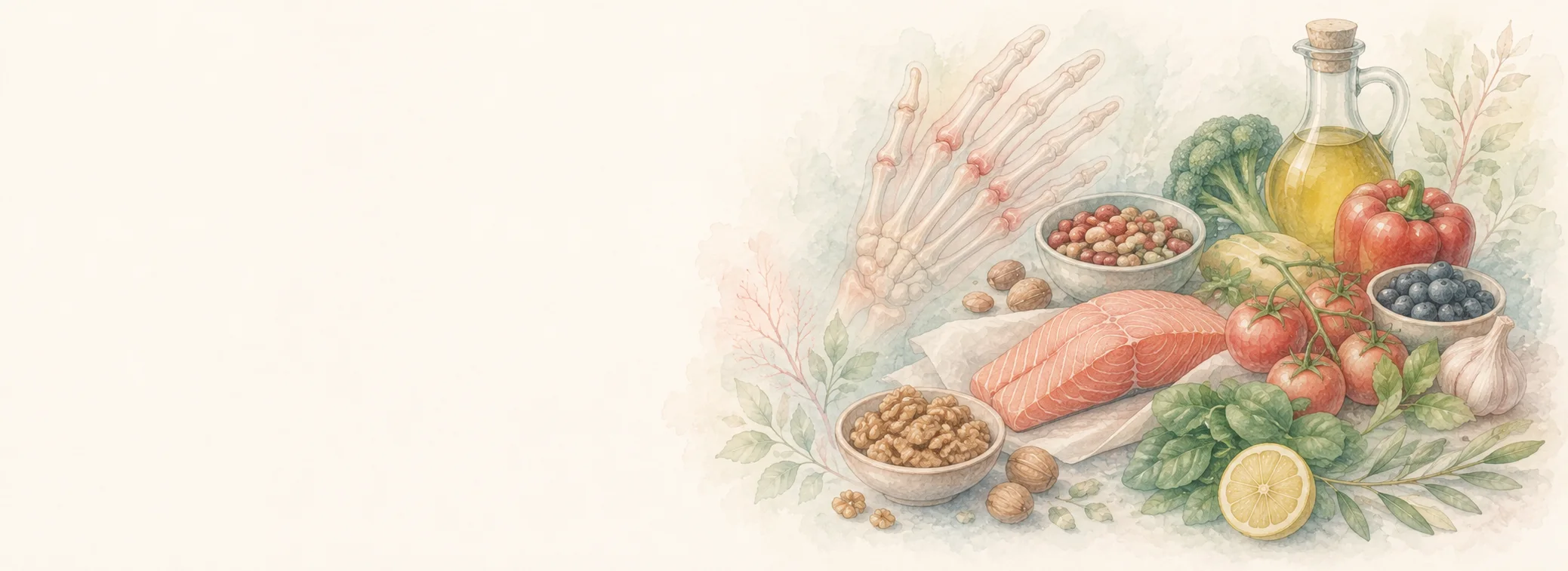 Lebensmittel einer ausgewogenen Ernährung neben einer Hand mit entzündeten Gelenken.
